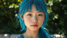 A raw photograph of an Asian girl with vibrant blue hair