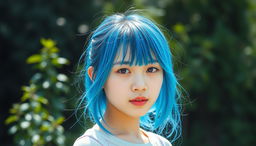 A raw photograph of an Asian girl with vibrant blue hair