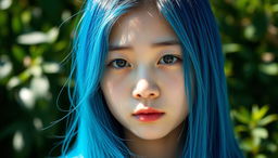 A raw photograph of an Asian girl with vibrant blue hair