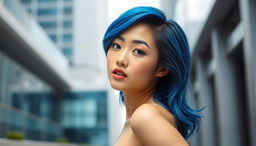 A photograph of an attractive Asian woman with striking blue hair