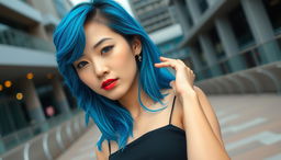 A photograph of an attractive Asian woman with striking blue hair