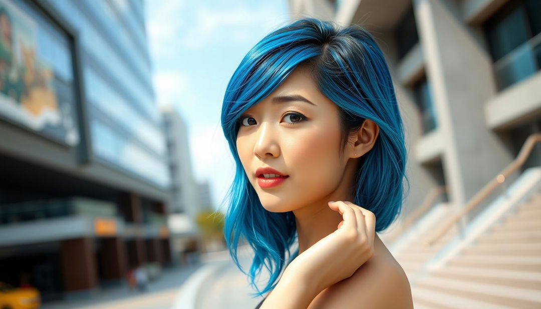 A photograph of an attractive Asian woman with striking blue hair