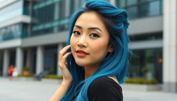 A photograph of an attractive Asian woman with striking blue hair