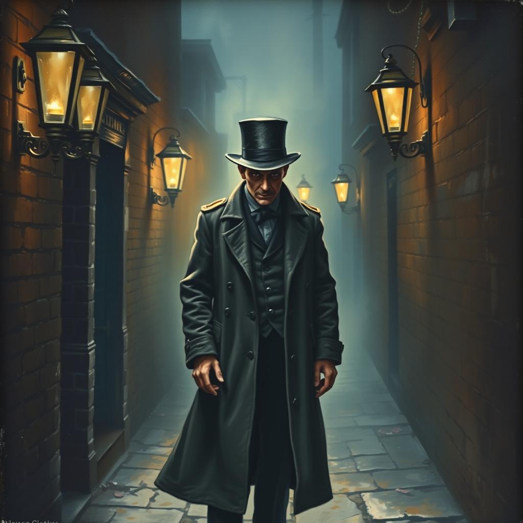 A detailed miniature painting depicting Jack the Ripper in a dark, foggy alleyway of Victorian London