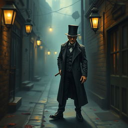 A detailed miniature painting depicting Jack the Ripper in a dark, foggy alleyway of Victorian London