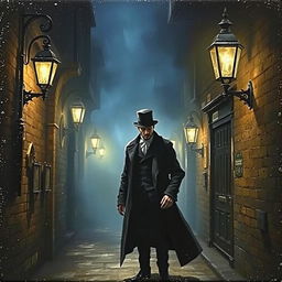 A detailed miniature painting depicting Jack the Ripper in a dark, foggy alleyway of Victorian London