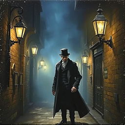 A detailed miniature painting depicting Jack the Ripper in a dark, foggy alleyway of Victorian London