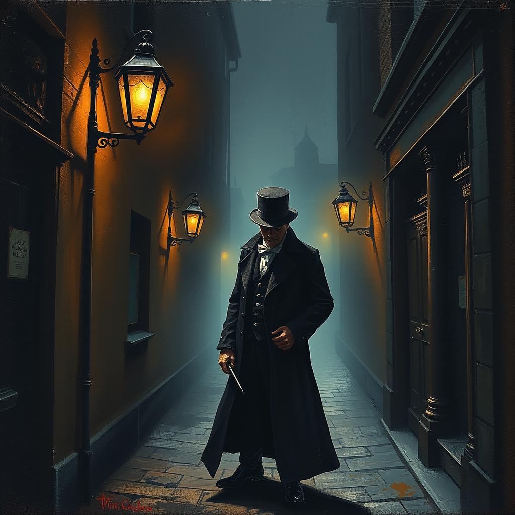 A detailed miniature painting depicting Jack the Ripper in a dark, foggy alleyway of Victorian London