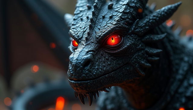 A highly detailed close-up portrait of a black gothic dragon with fiery red eyes, in a dark, gritty, and ornate style, with a darker ambient background featuring flecks of fire and anger, resembling a 200mm photograph in 32k resolution