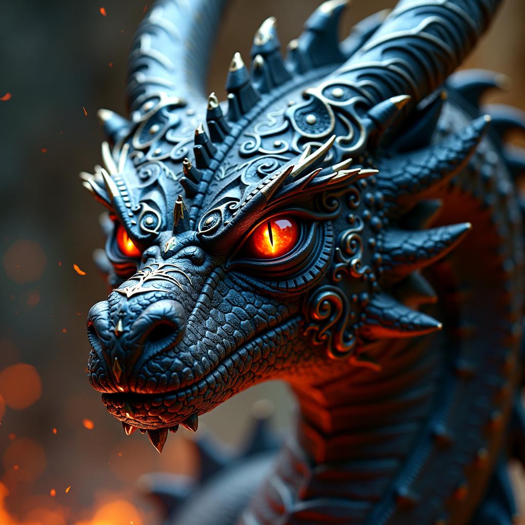 A highly detailed close-up portrait of a black gothic dragon with fiery red eyes, in a dark, gritty, and ornate style, with a darker ambient background featuring flecks of fire and anger, resembling a 200mm photograph in 32k resolution