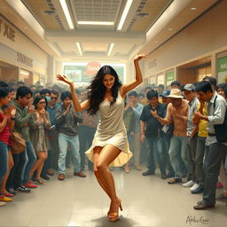 A depiction of Kriti Sanon dancing in a mall, wearing a short dress, surrounded by a dense crowd of onlookers