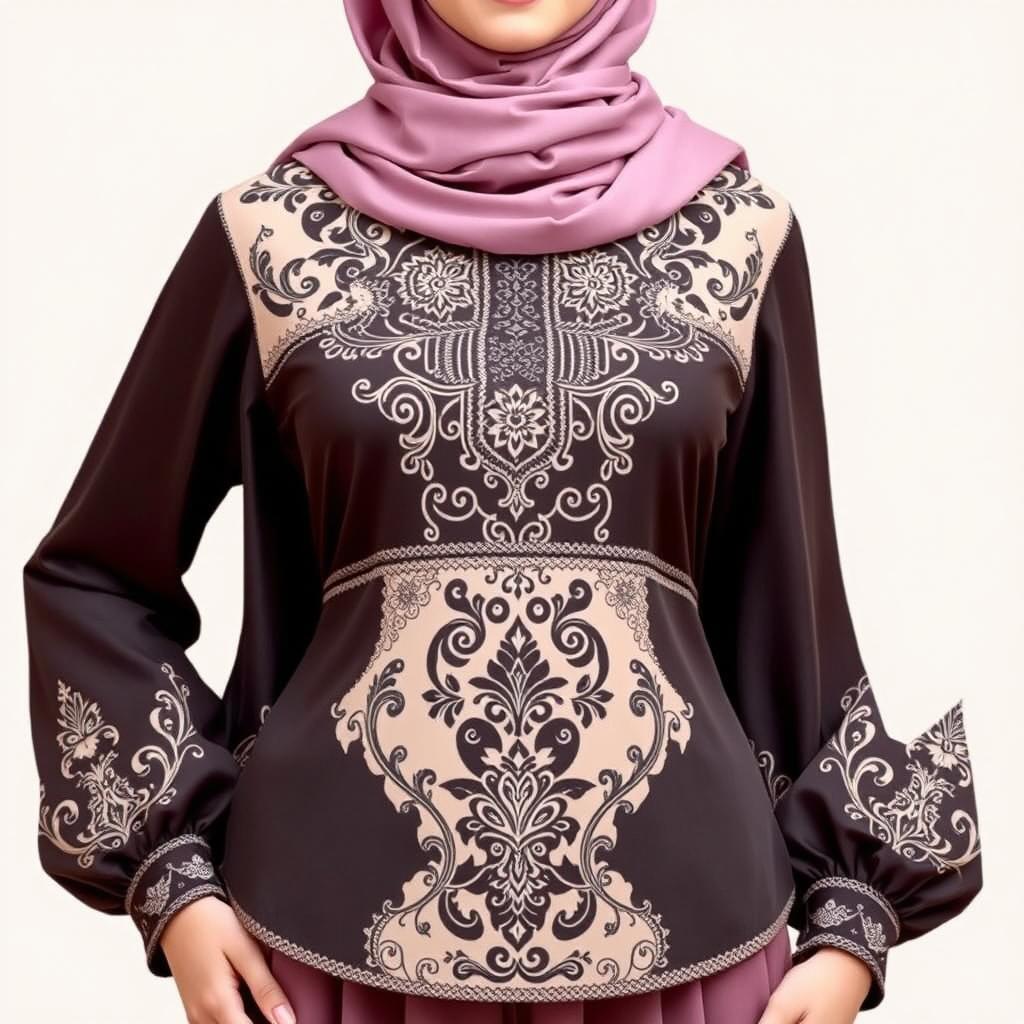 A stylish Muslimah women's top, showcasing modest fashion with elegant design, intricate patterns, and high-quality fabric