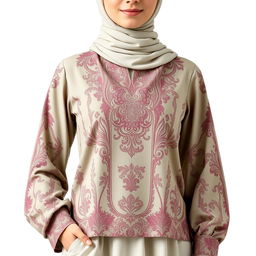 A stylish Muslimah women's top, showcasing modest fashion with elegant design, intricate patterns, and high-quality fabric