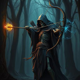 A warlock lich archer stands in a dark, mystical forest, his skeletal form cloaked in tattered robes