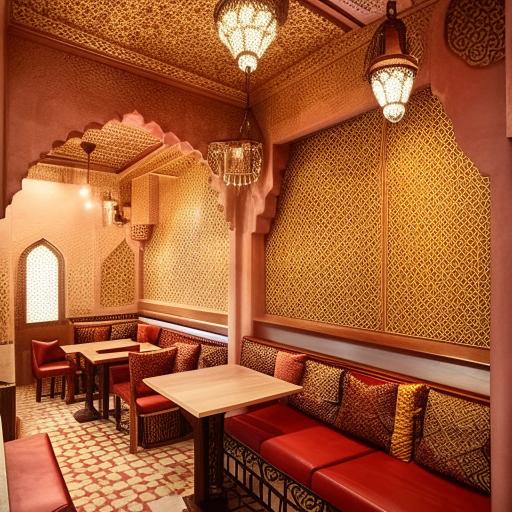 Design a 1600 sq ft Arabian Mandi eatery with budget-friendly interior, comprised of 30 percent kitchen area. Include traditional Middle Eastern architectural elements.