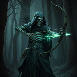 A warlock lich archer stands in a dark, mystical forest, his skeletal form cloaked in tattered robes