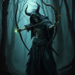 A warlock lich archer stands in a dark, mystical forest, his skeletal form cloaked in tattered robes