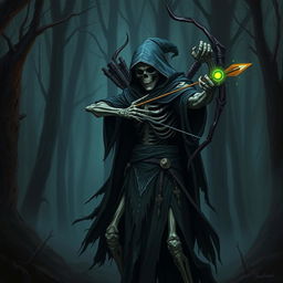 A warlock lich archer stands in a dark, mystical forest, his skeletal form cloaked in tattered robes