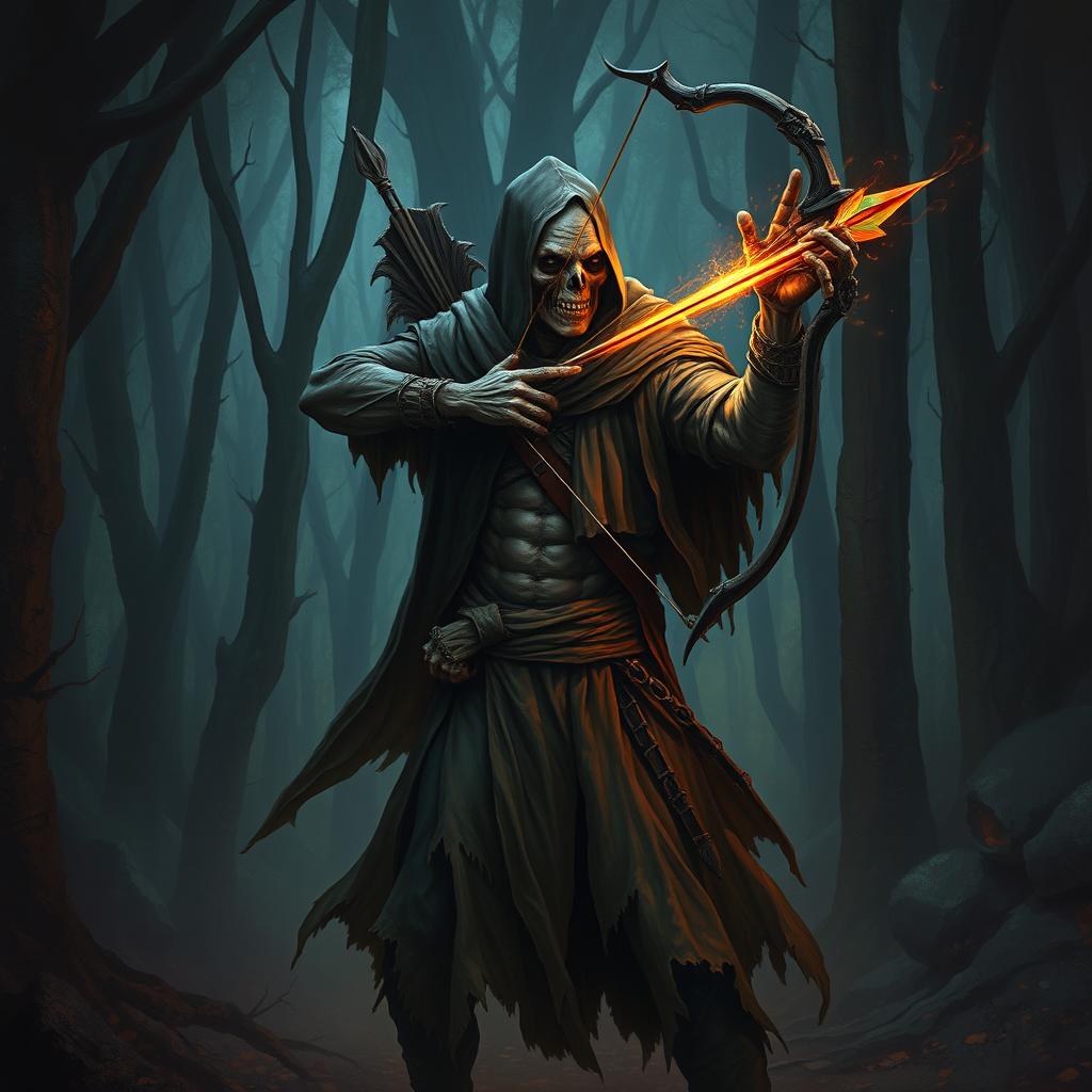 A warlock lich archer stands in a dark, mystical forest, his decaying, zombie-like form cloaked in tattered robes