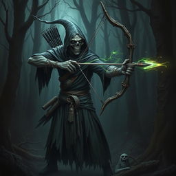 A warlock lich archer stands in a dark, mystical forest, his decaying, zombie-like form cloaked in tattered robes