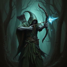 A warlock lich archer stands in a dark, mystical forest, his decaying, zombie-like form cloaked in tattered robes