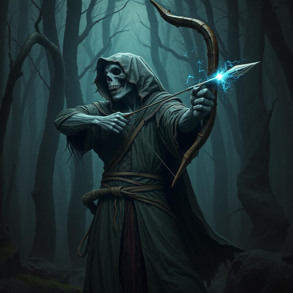 A warlock lich archer stands in a dark, mystical forest, his decaying, zombie-like form cloaked in tattered robes