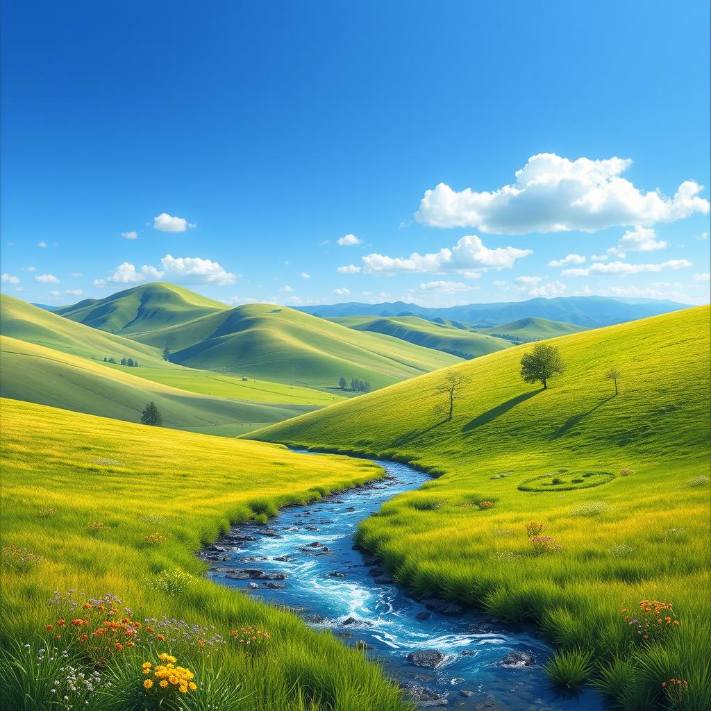 Create a detailed and vibrant image of a serene landscape featuring rolling hills, a clear blue sky, and a sparkling river running through a lush green meadow