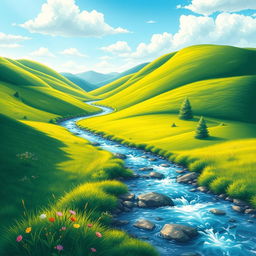 Create a detailed and vibrant image of a serene landscape featuring rolling hills, a clear blue sky, and a sparkling river running through a lush green meadow