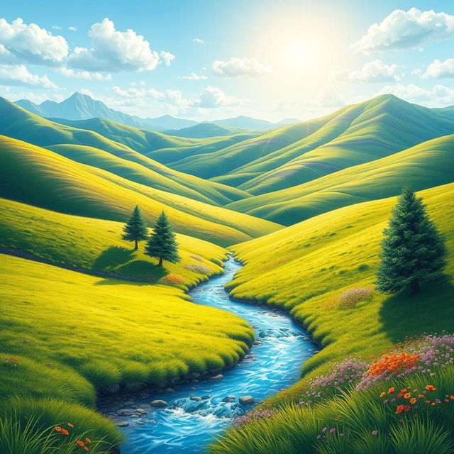 Create a detailed and vibrant image of a serene landscape featuring rolling hills, a clear blue sky, and a sparkling river running through a lush green meadow