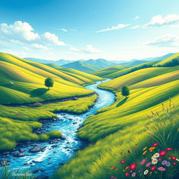 Create a detailed and vibrant image of a serene landscape featuring rolling hills, a clear blue sky, and a sparkling river running through a lush green meadow