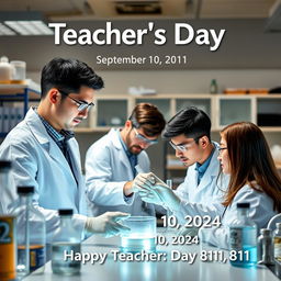 Create an electronic photo album cover for Teacher's Day featuring male medical students doing experiments in a laboratory