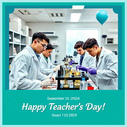 Create an electronic photo album cover for Teacher's Day featuring male medical students doing experiments in a laboratory