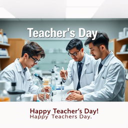 Create an electronic photo album cover for Teacher's Day featuring male medical students doing experiments in a laboratory