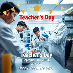 Create an electronic photo album cover for Teacher's Day featuring male medical students doing experiments in a laboratory