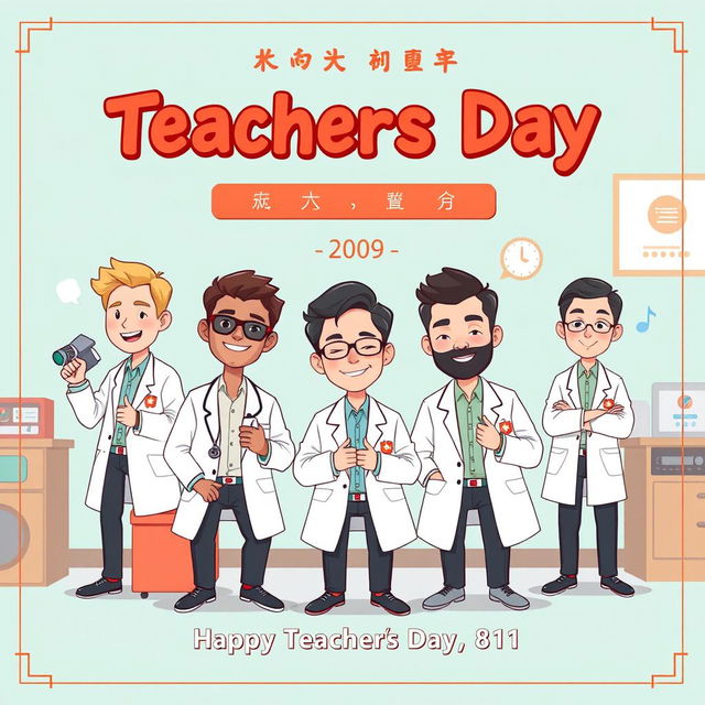 Create an electronic album cover for Teachers' Day featuring cartoon illustrations of male medical students