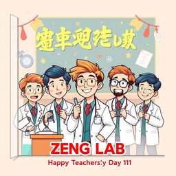 Create an electronic album cover for Teachers' Day featuring cartoon illustrations of male medical students