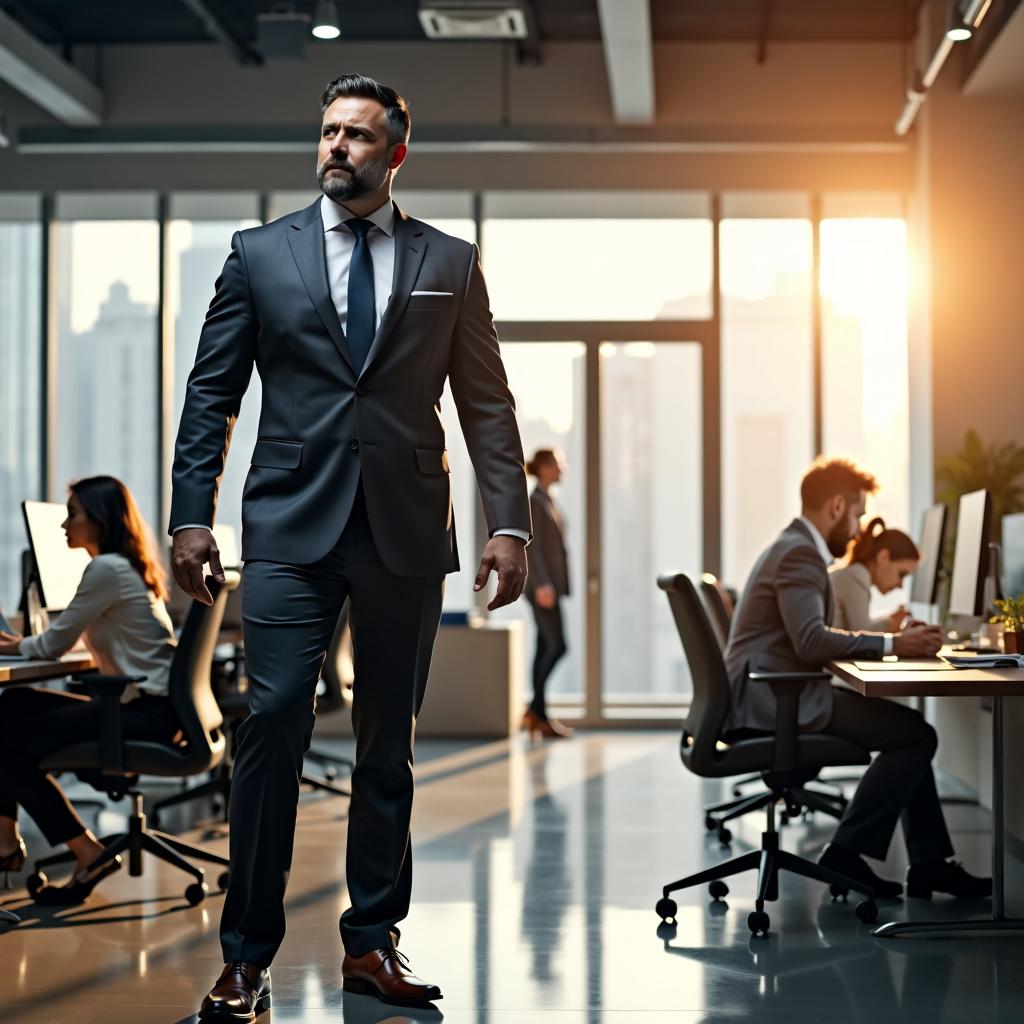 A towering and authoritative figure with a commanding presence, dressed in a sharp business suit, standing in an office environment that exudes power and control