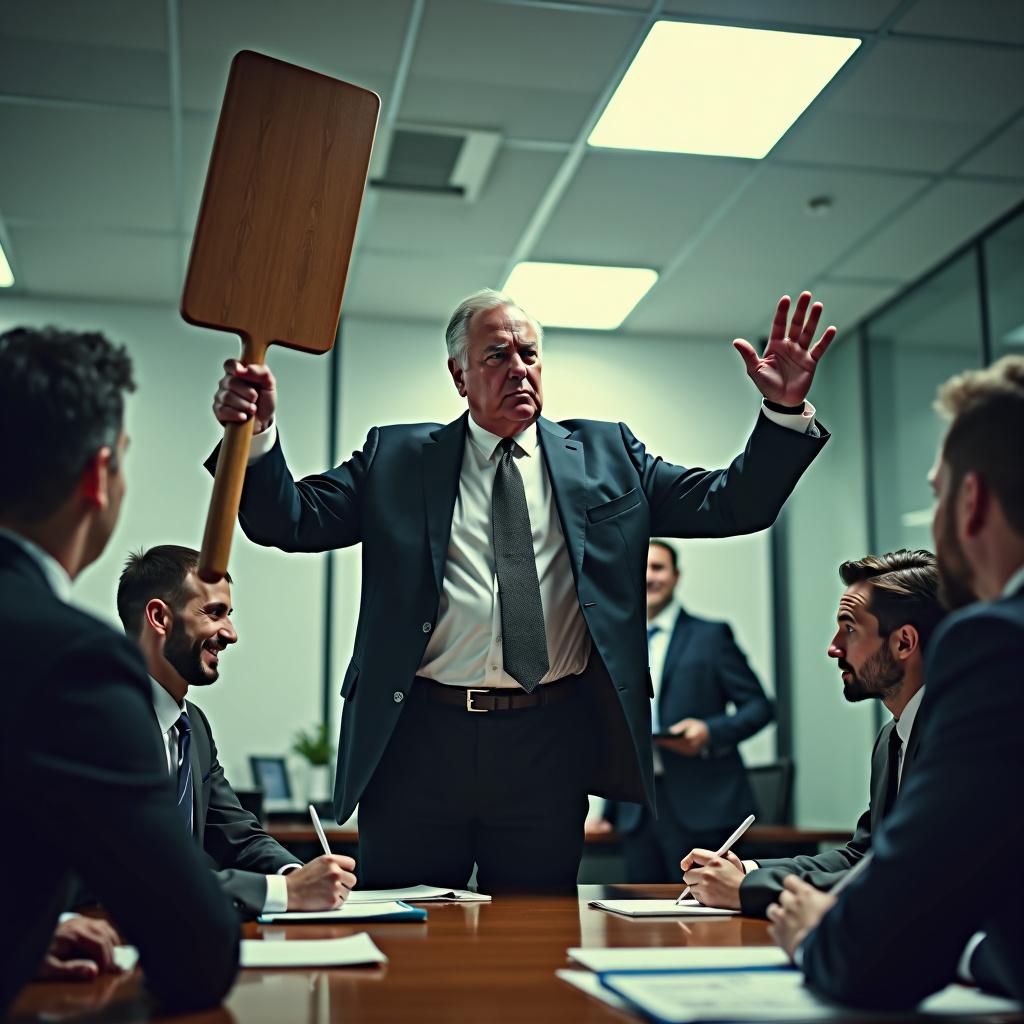 A dominant figure of authority, dressed in a commanding business suit, portrayed in an office setting with a surreal and symbolic twist