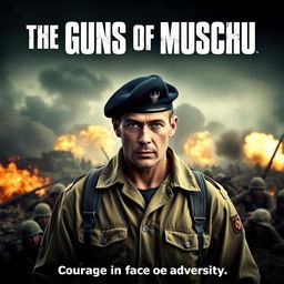 An exciting and intense movie poster for 'The Guns of Muschu', a World War Two action survival film