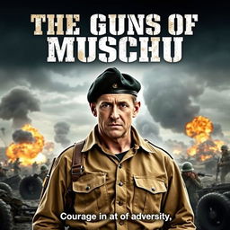 An exciting and intense movie poster for 'The Guns of Muschu', a World War Two action survival film