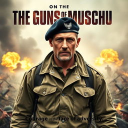 An exciting and intense movie poster for 'The Guns of Muschu', a World War Two action survival film