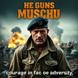 An exciting and intense movie poster for 'The Guns of Muschu', a World War Two action survival film