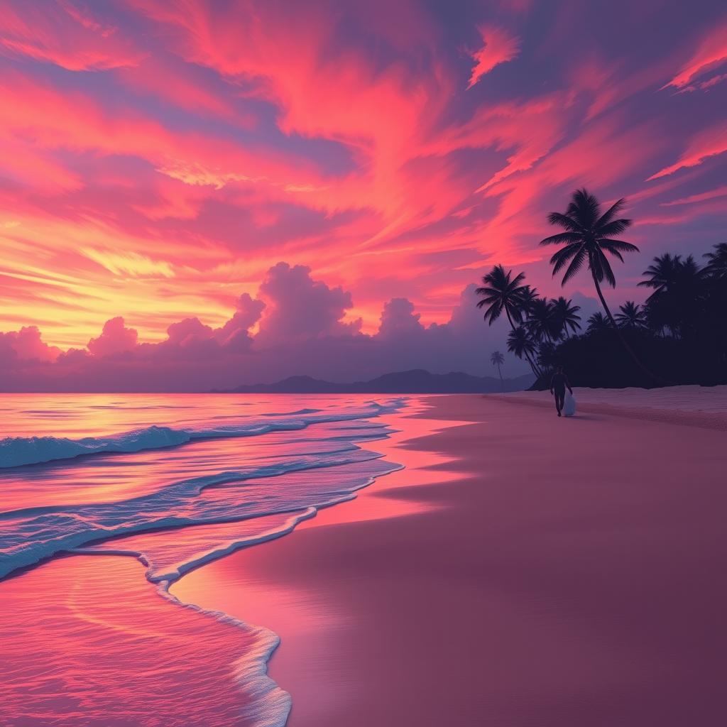 A digital painting of a serene evening beach scene with a majestic, fiery sky during sunset