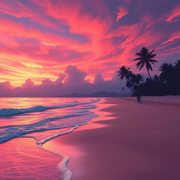 A digital painting of a serene evening beach scene with a majestic, fiery sky during sunset