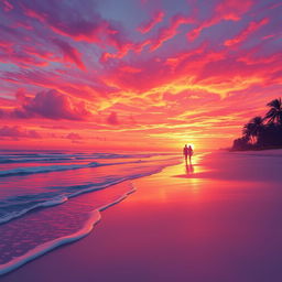 A digital painting of a serene evening beach scene with a majestic, fiery sky during sunset