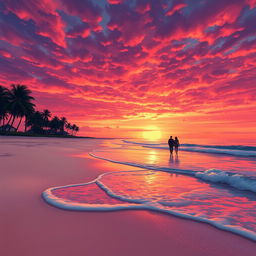 A digital painting of a serene evening beach scene with a majestic, fiery sky during sunset