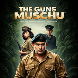 A thrilling and adventurous movie poster for 'The Guns of Muschu', a World War Two action survival film