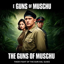 A thrilling and adventurous movie poster for 'The Guns of Muschu', a World War Two action survival film