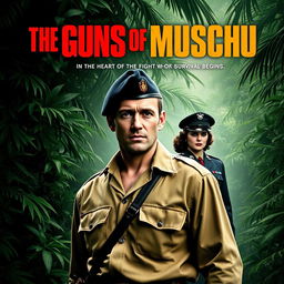 A thrilling and adventurous movie poster for 'The Guns of Muschu', a World War Two action survival film