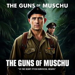 A thrilling and adventurous movie poster for 'The Guns of Muschu', a World War Two action survival film